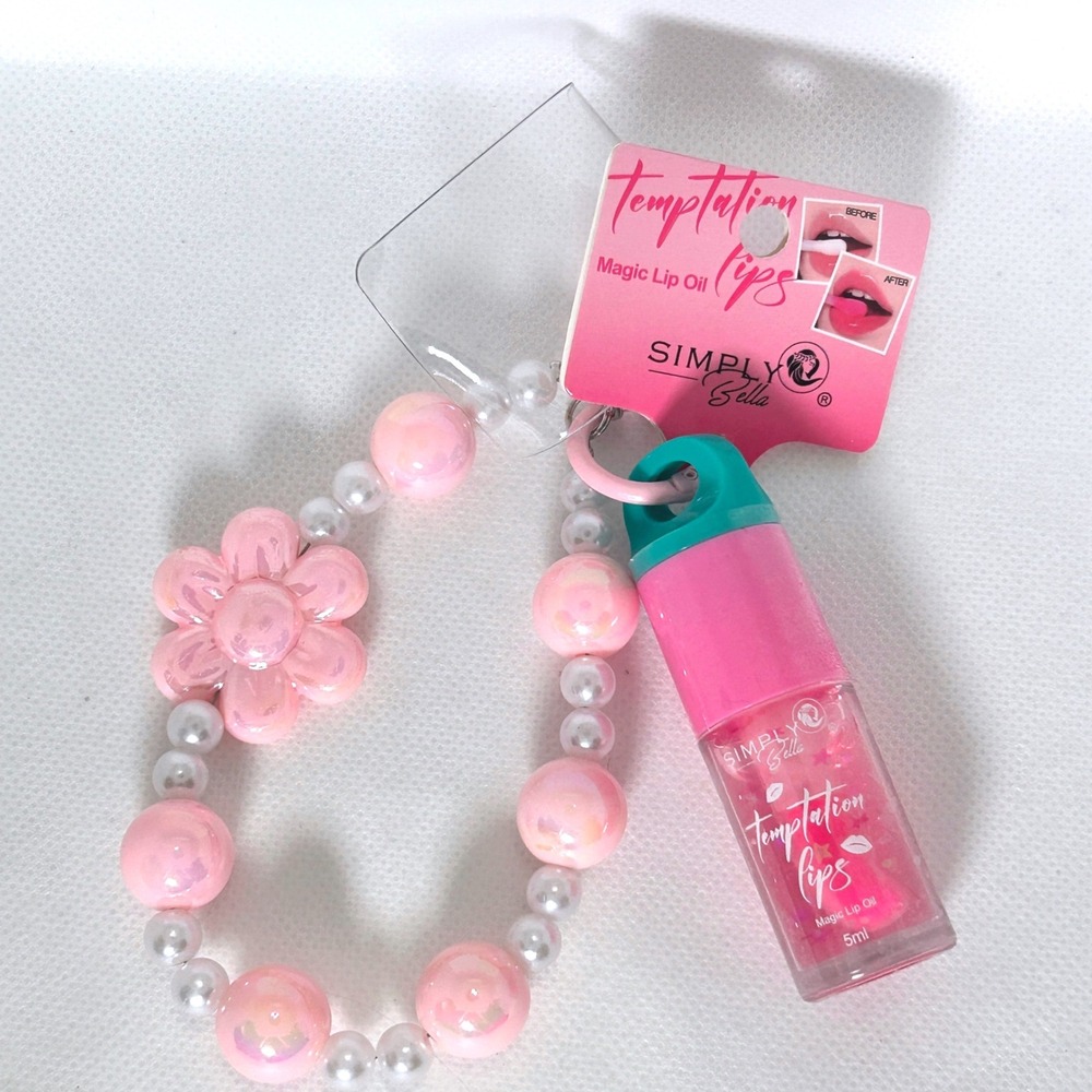 Simply Bella Temptation Lips Magic Lip Oil Phone Wristlet Pink #04 NWT